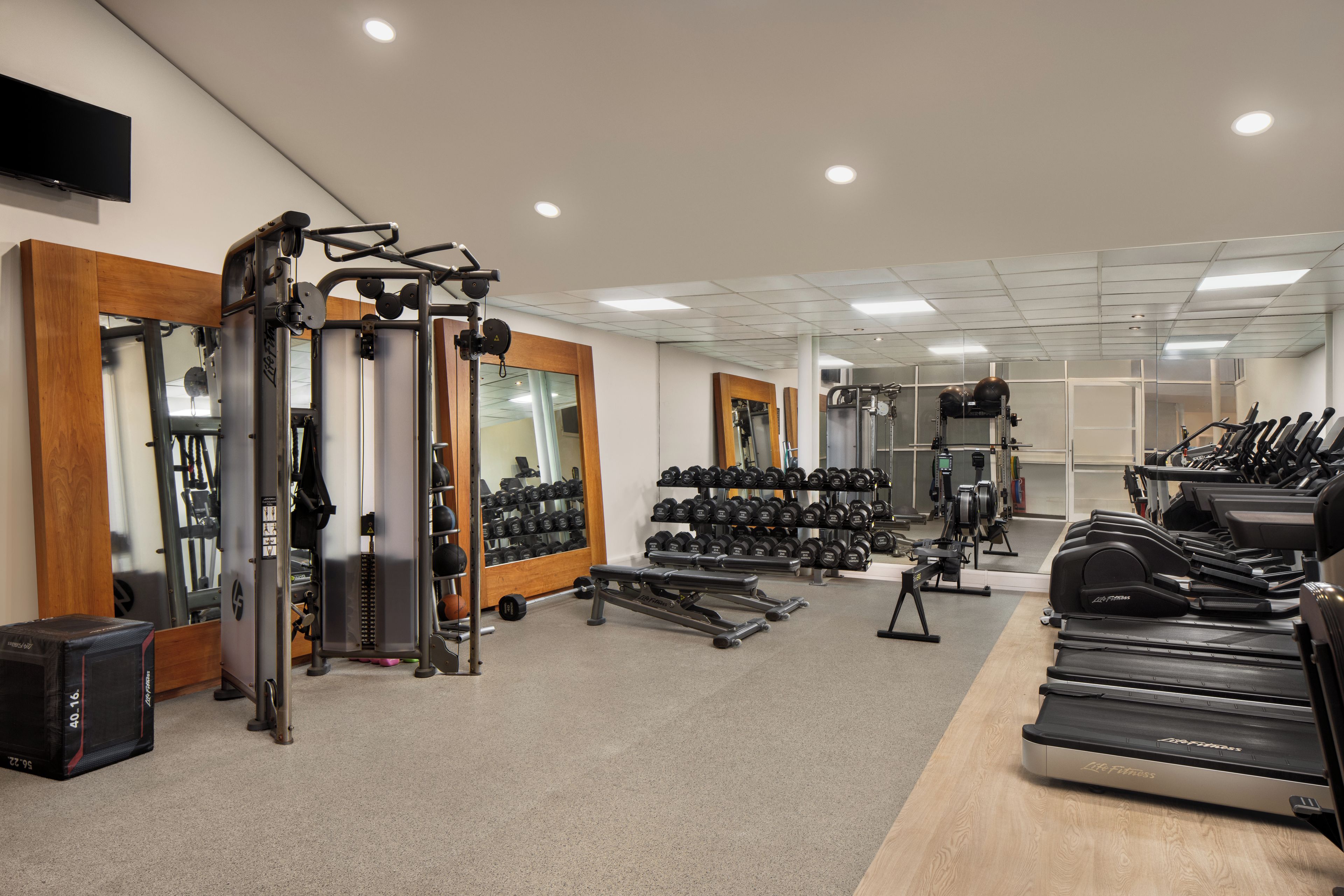 Une salle de sport équipée de machines de cardio, d’appareils de musculation et de poids libres.