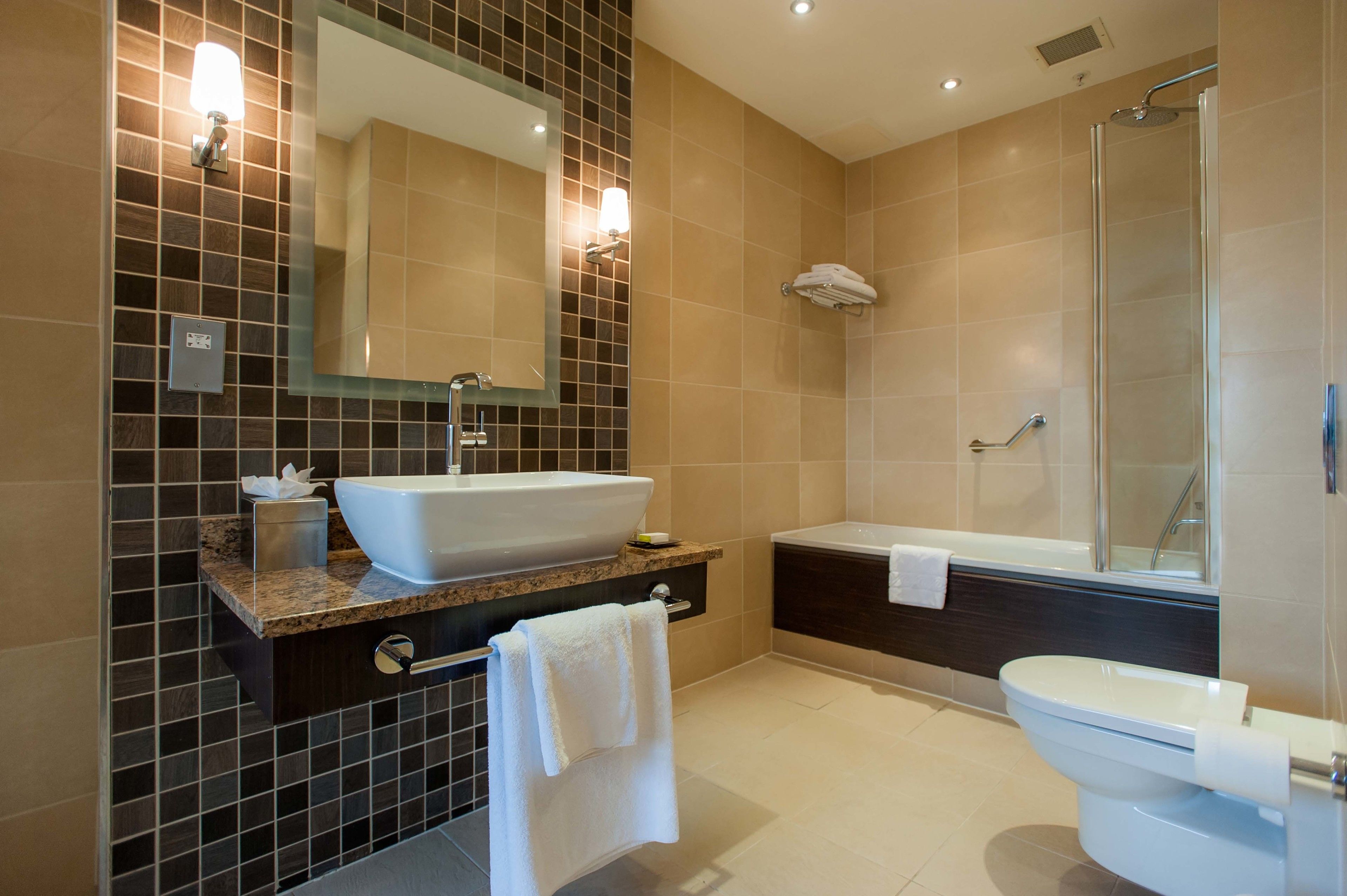 combined shower/bathtub, free toiletries, hair dryer, towels