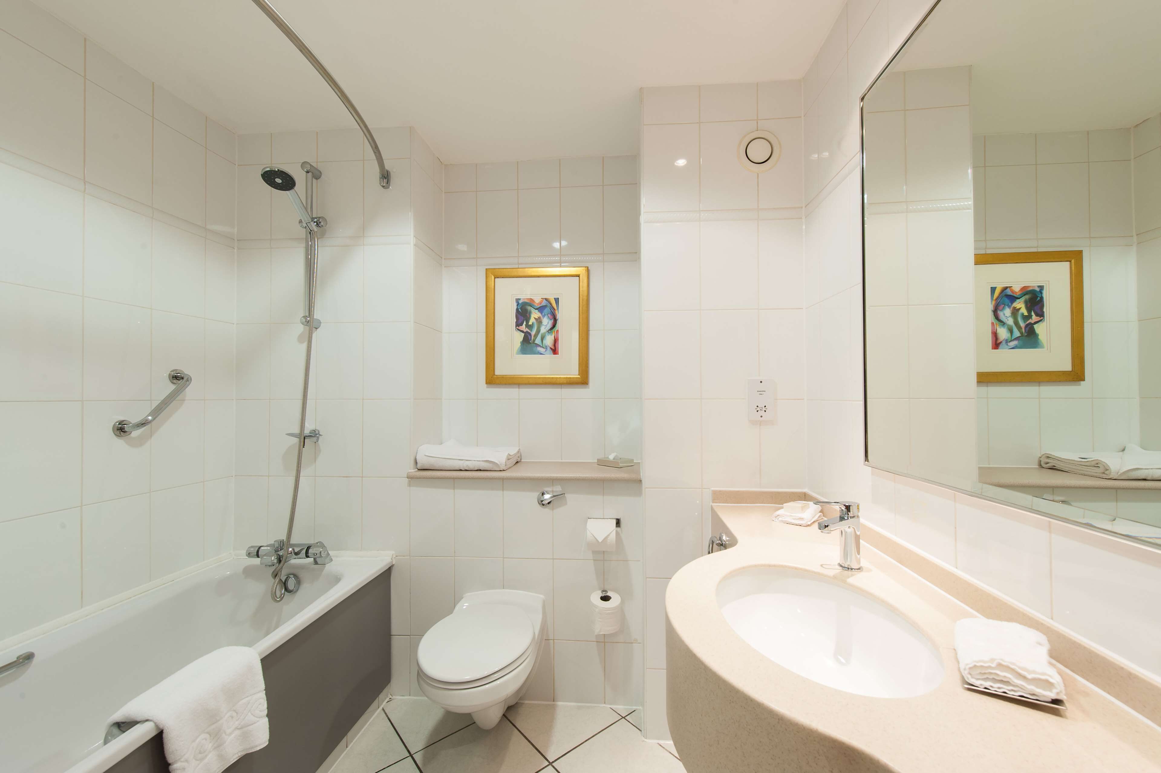 combined shower/bathtub, free toiletries, hair dryer, towels