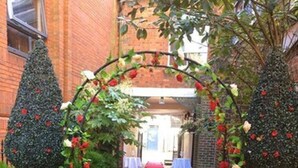 Un chemin menant à l’entrée d’un bâtiment, bordé de deux grands pots de plantes et d’un tapis rouge.