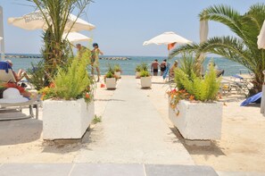 Playa privada, sillas reclinables de playa, sombrillas