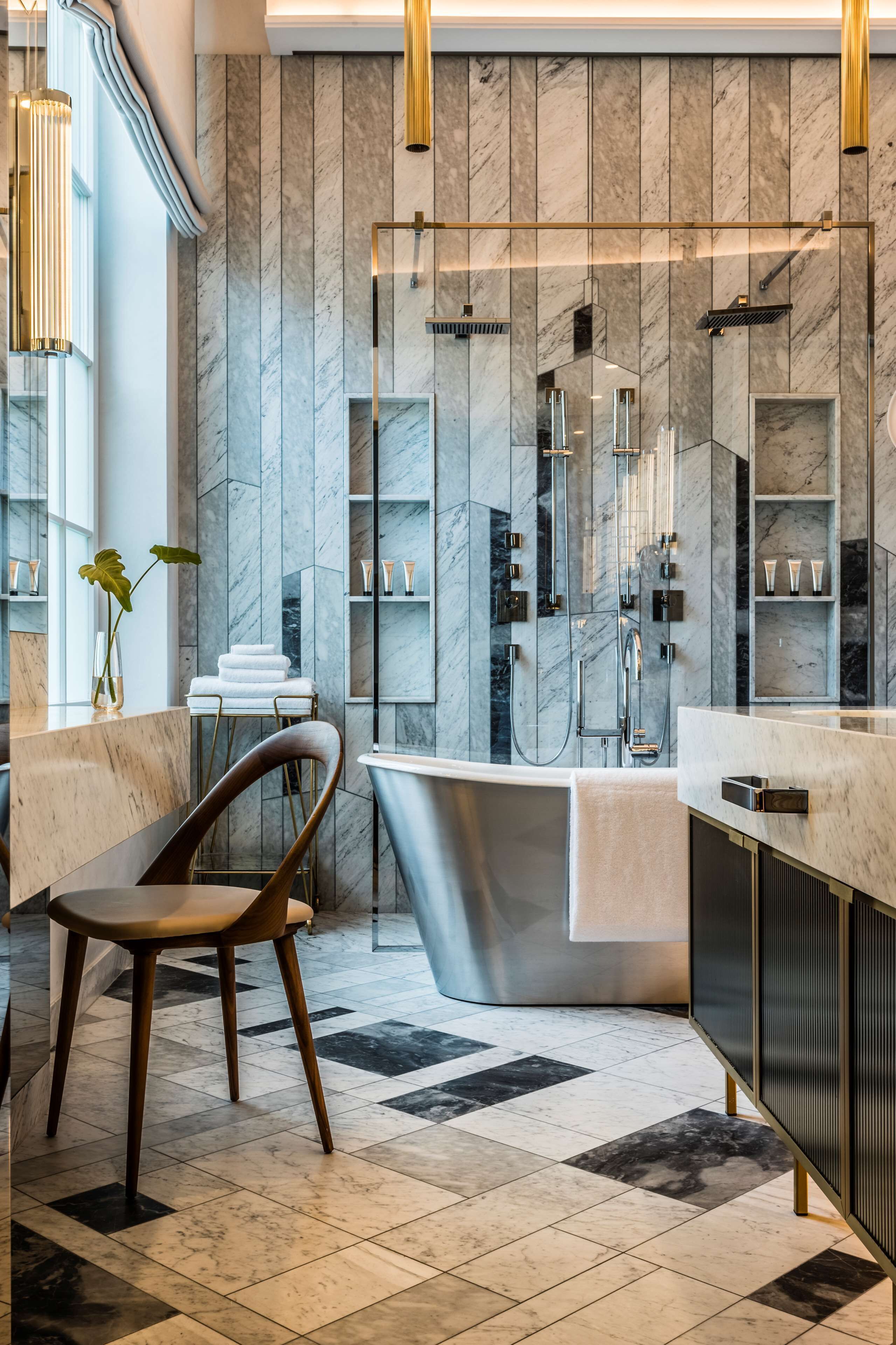 separate bathtub and shower, deep-soaking bathtub, rainfall showerhead