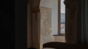 Una habitación tenuemente iluminada, con suelo de madera, un sofá y un arco que da a un espacio exterior.