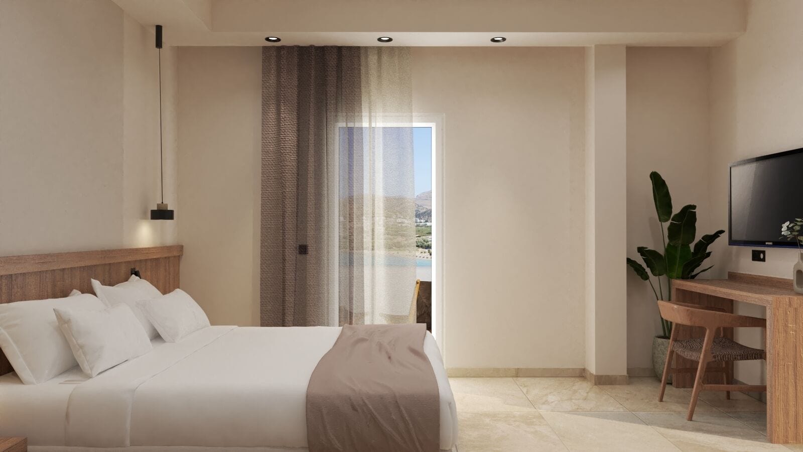 Une chambre d’hôtel moderne avec un grand lit, un bureau et une télévision.