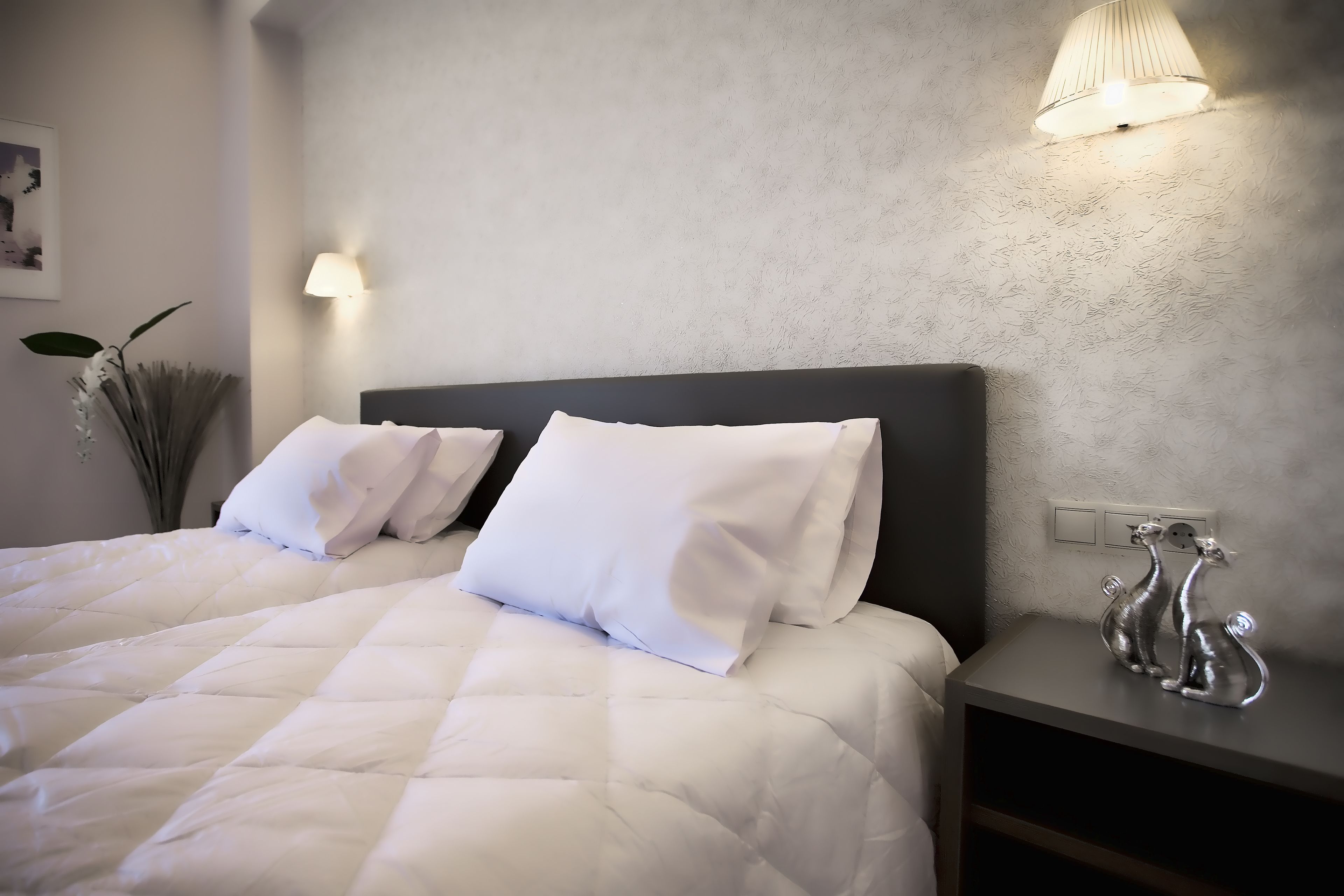 A neatly made bed with white bedding and two pillows, a bedside table with a lamp, and a wall-mounted light fixture.