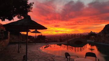 Outdoor pool, pool umbrellas, sun loungers