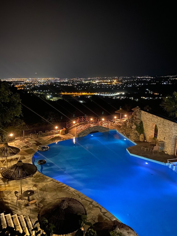 Outdoor pool, pool umbrellas, pool loungers