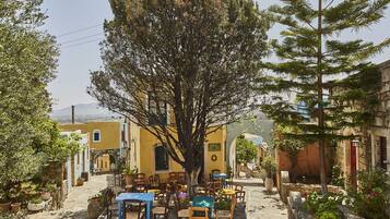 Un patio con suelo de piedra, mobiliario exterior y un gran árbol en el centro.