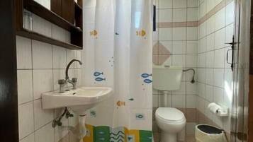 A bathroom with a sink, toilet, and shower curtain.