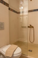 Ett badrum med en dusch som är avskärmad med glasväggar, en toalett och en handduk på toalettstolen.