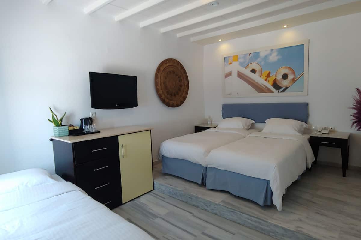 A bedroom with two beds, a TV, a painting, and a desk with a vase.