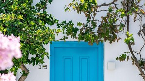Una puerta azul con una placa numérica, una pared blanca y un árbol de hojas verdes y flores rosadas.