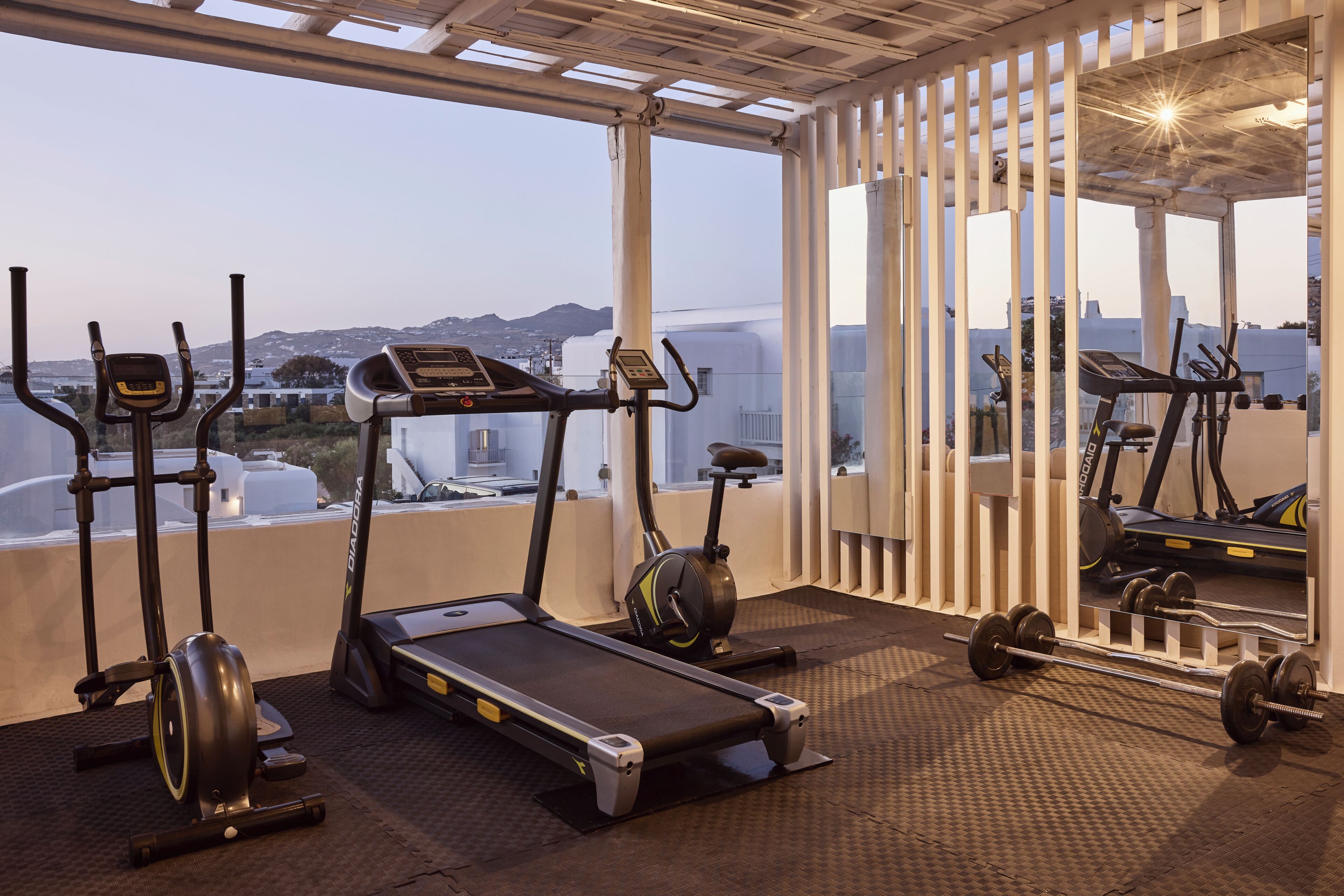 Un gimnasio con equipo de cardio, una cinta de correr y pesas.