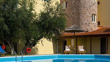 Outdoor pool, pool umbrellas, pool loungers