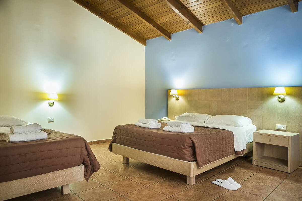 Una habitación de hotel con dos camas, cabeceros de madera y lámparas de noche.