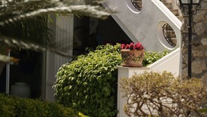 A staircase with circular cutouts, a potted plant with flowers, and a stone wall. - La Residenza Capri (Capri)