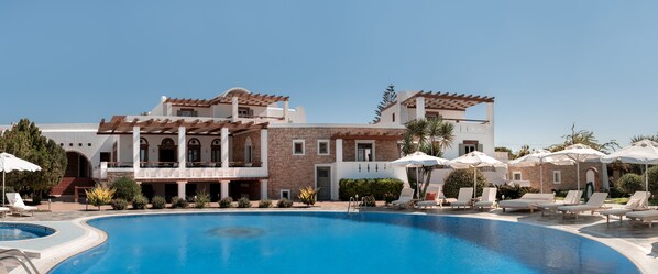 Outdoor pool, pool umbrellas, pool loungers