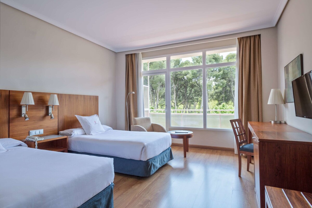 Habitación de hotel con dos camas, un escritorio, una silla, un televisor y una ventana con vista a árboles.