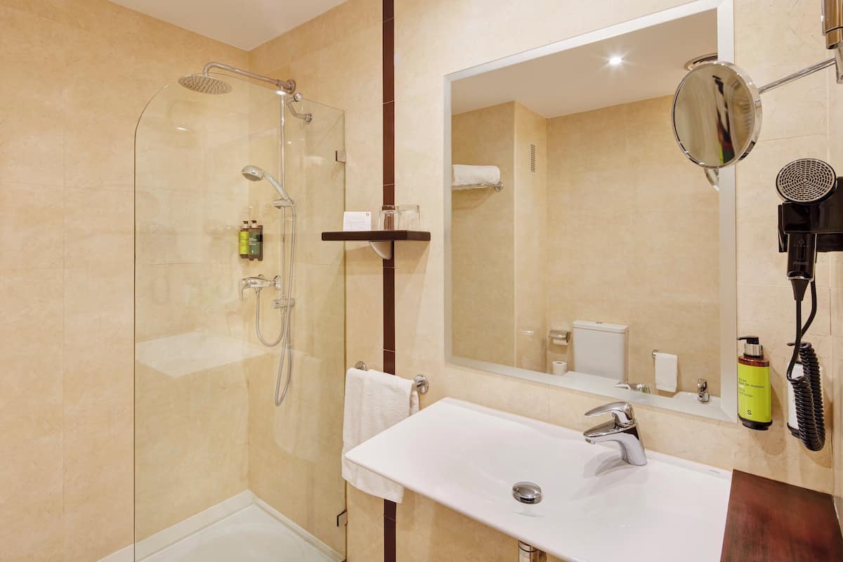 Bañera con ducha, secador de pelo, toallas