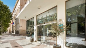 Entrada de hotel con amplias puertas de cristal, plantas en macetas y vista despejada a la calle.
