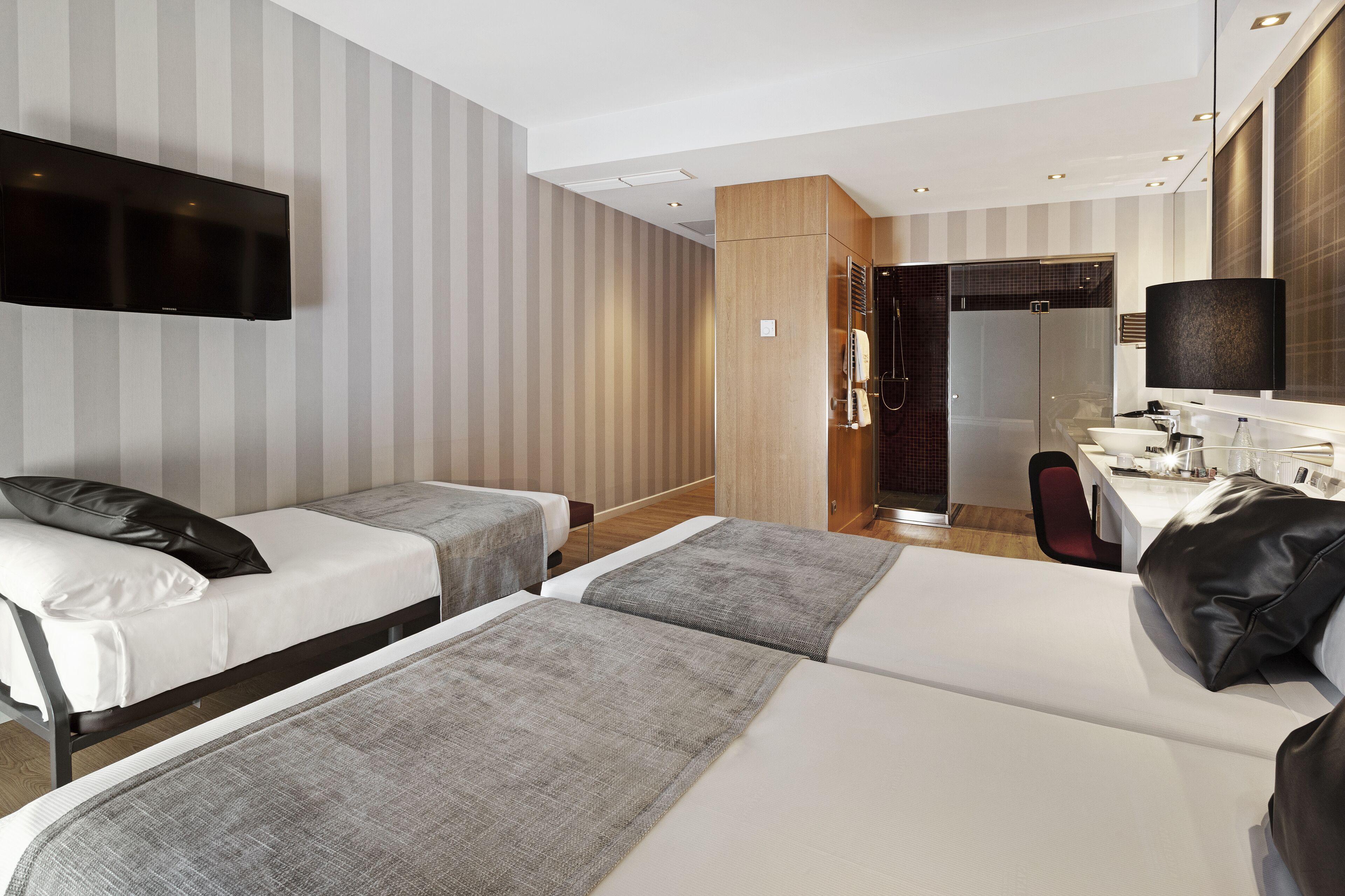 Habitación de hotel con dos camas, televisión, escritorio con silla y zona de ducha.