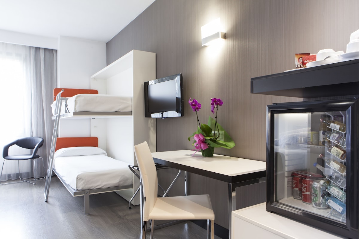A hotel room with a bunk bed, a desk with a chair, a television, a vase with flowers, and a minibar.