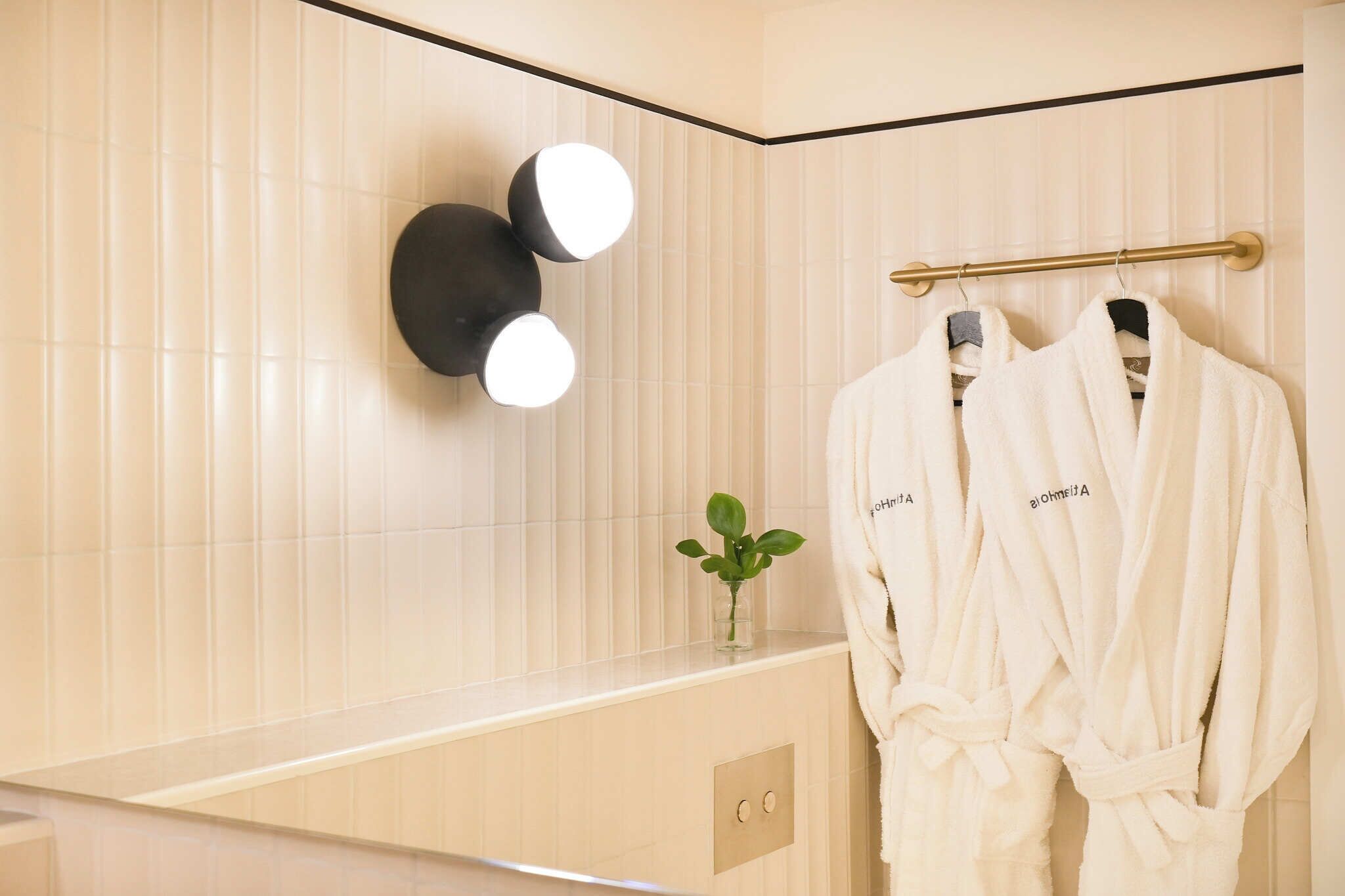 A bathroom with a towel rack holding two white bathrobes, a wall-mounted light fixture, and a small plant on a counter.