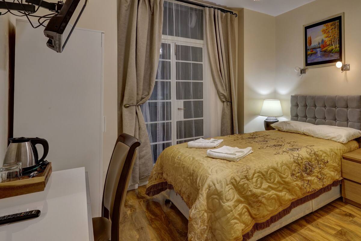 Desk, blackout drapes, iron/ironing board (on request), WiFi (free)