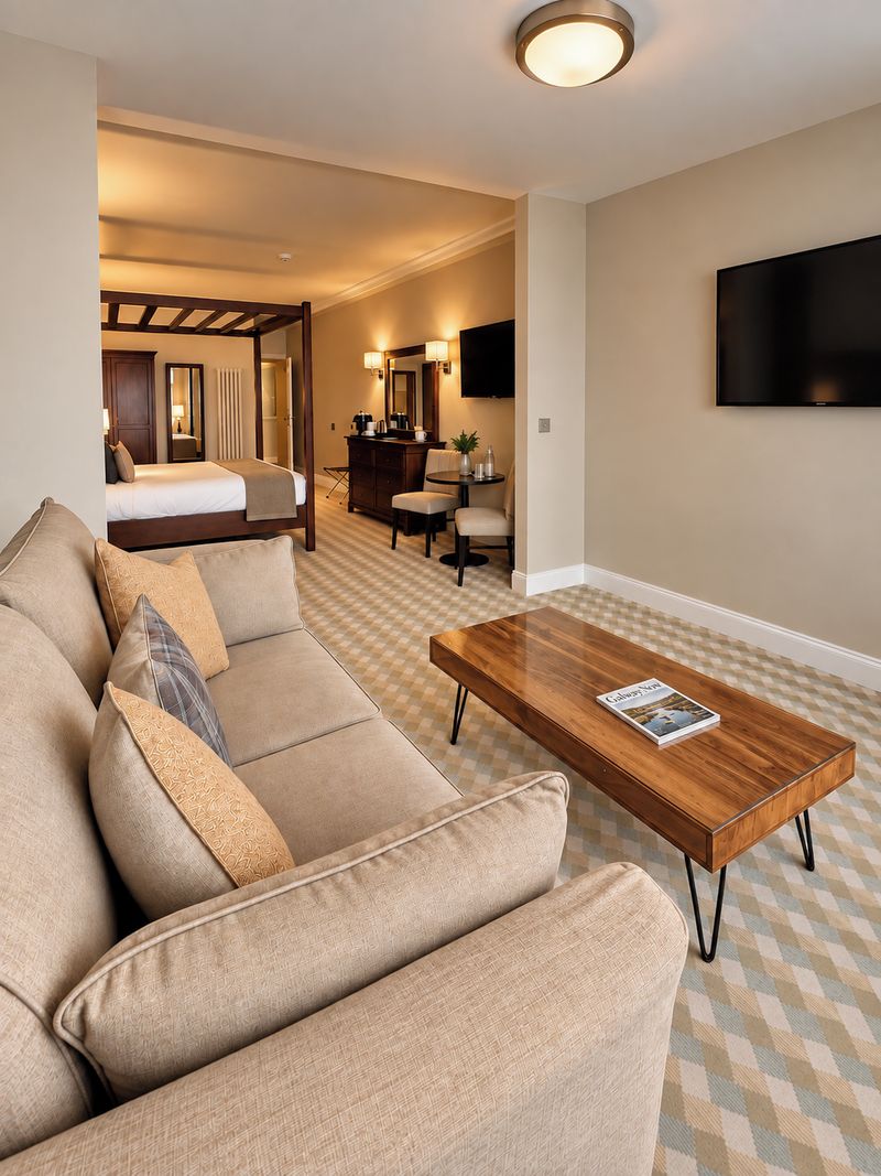 A hotel room with a sofa, a coffee table, a TV, and a bed.