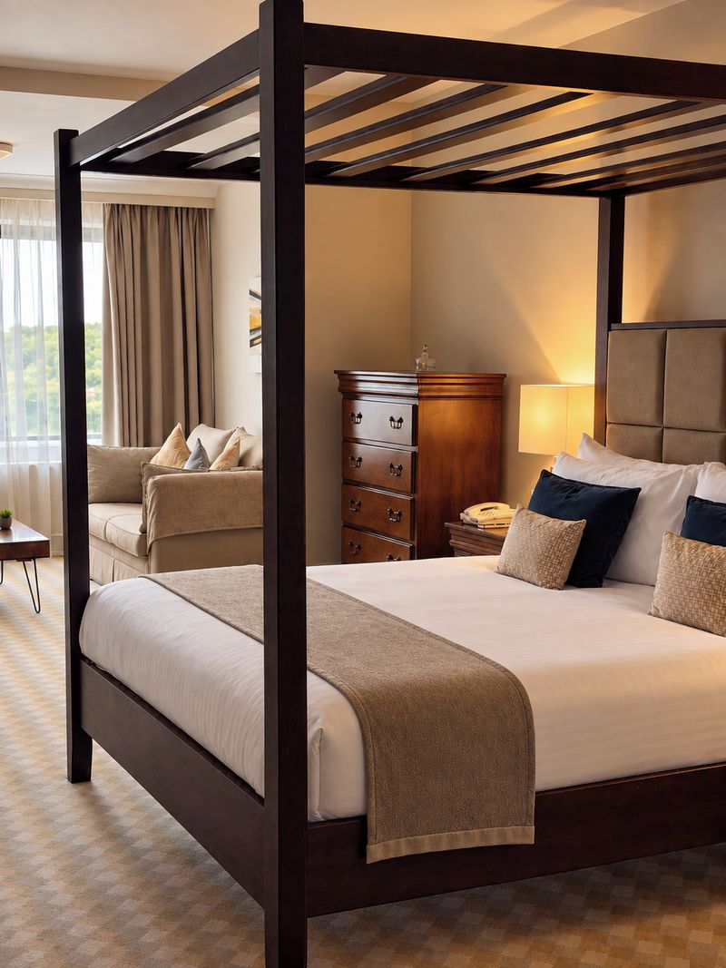 A four-poster bed with a wooden frame, a bedside table, a lamp, a dresser, and a sofa in a hotel room.