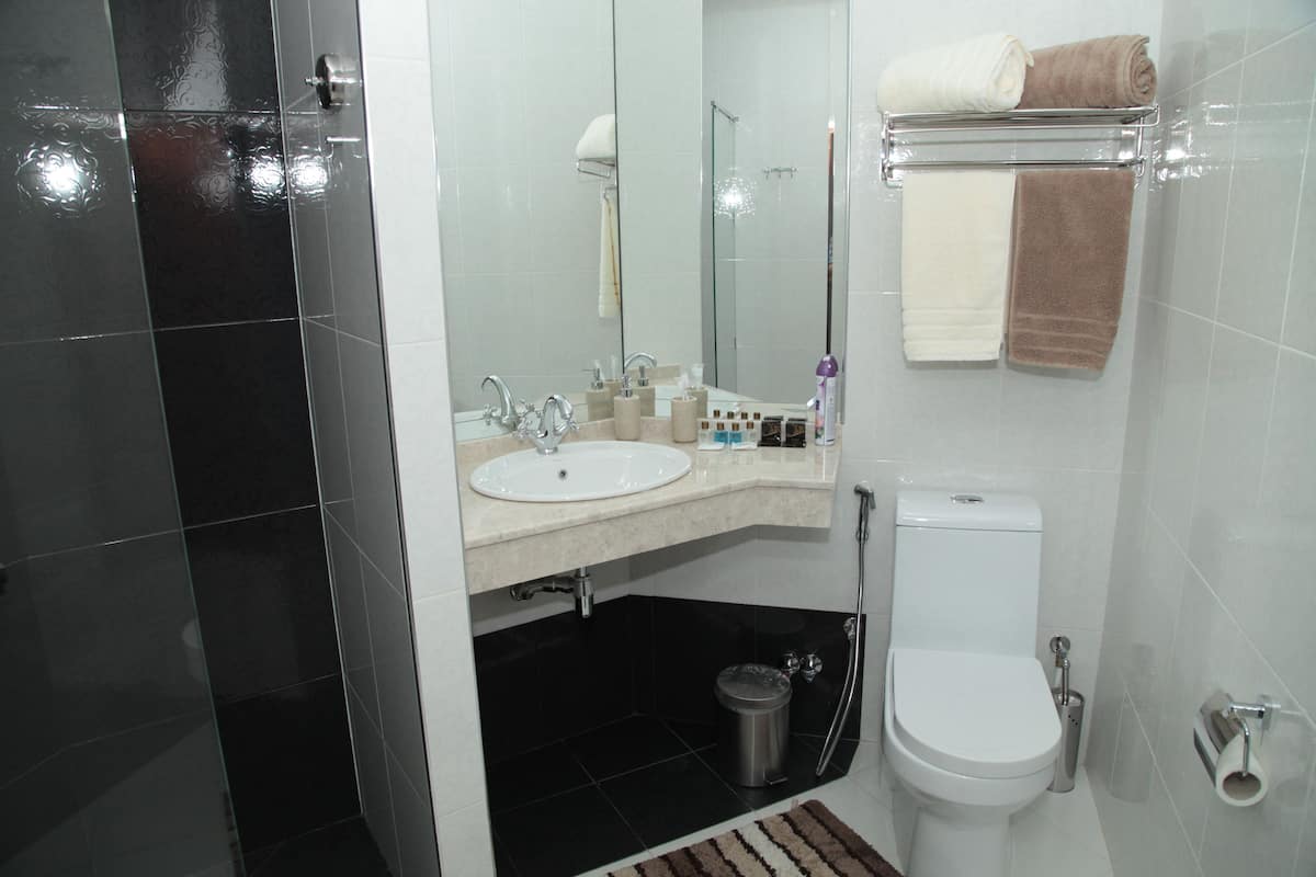 Separate tub and shower, free toiletries, hair dryer, towels