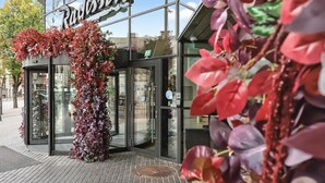 A hotel entrance with a glass revolving door, a sign above the door, and a decorative plant arrangement. - Radisson Hotel Kaunas (Kaunas)