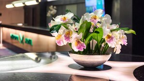 A reception area with a reception desk, a digital screen, and a potted plant with flowers. - Hotel Metropol (Tallinn)