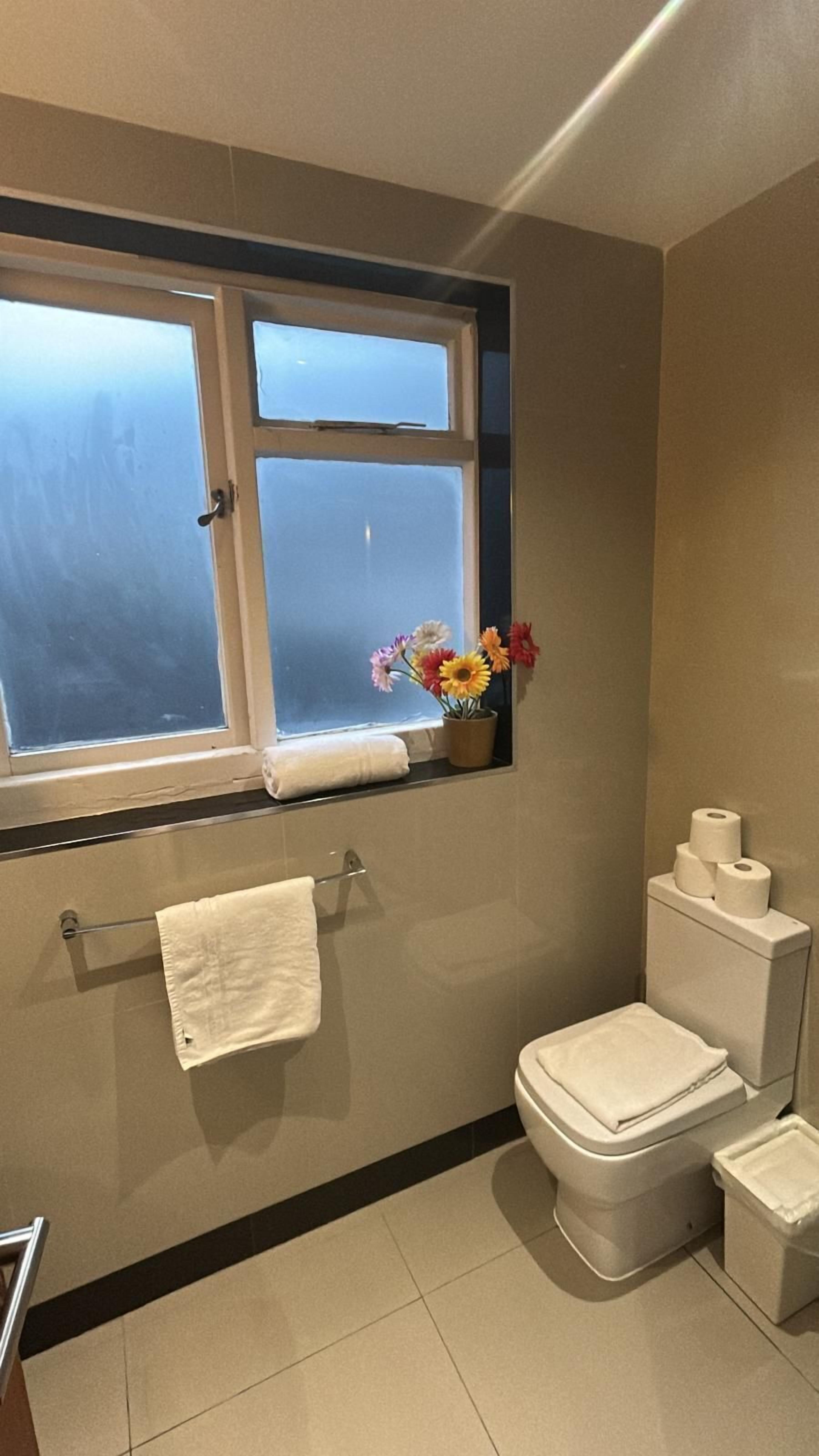 Une salle de bain avec des toilettes, une fenêtre donnant sur un beau paysage, un porte-serviettes et une petite plante en pot.