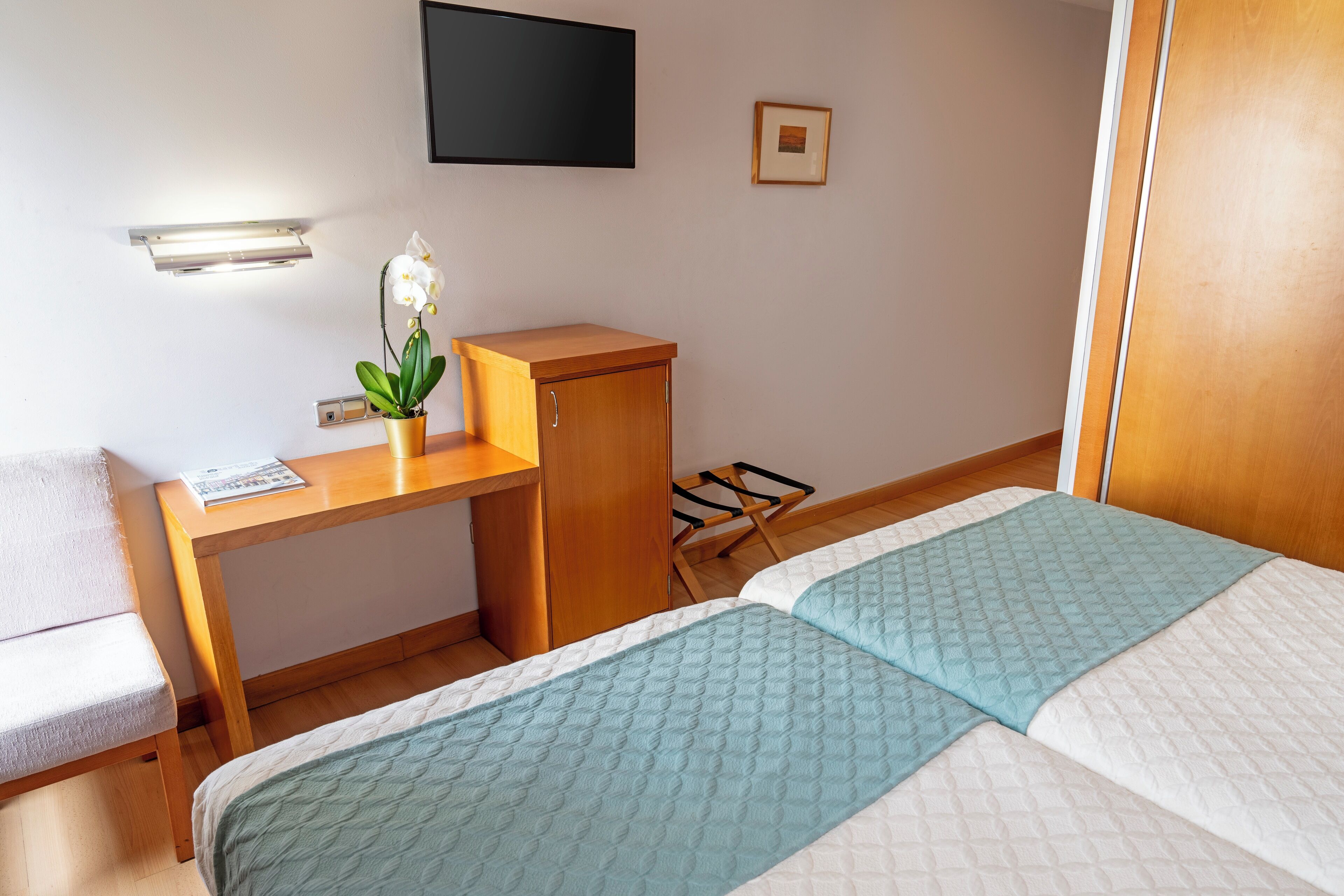 Un dormitorio con una cama, un escritorio, una silla, una mesita con una planta, un televisor en la pared y una puerta.