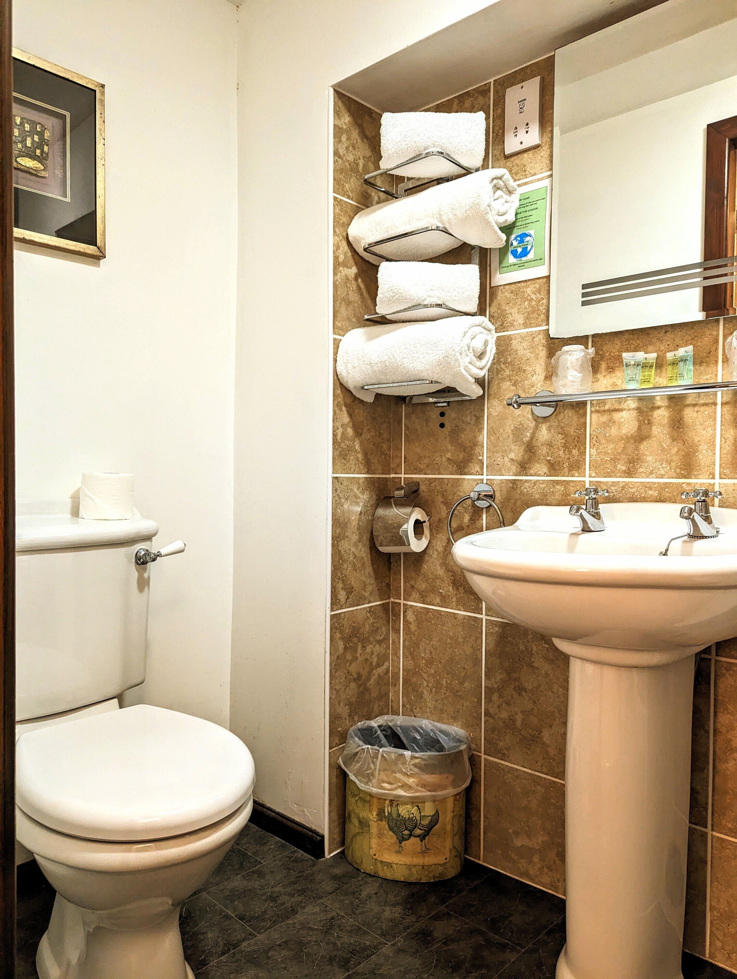 Un baño con inodoro, lavamanos, toallero y cubo de basura.