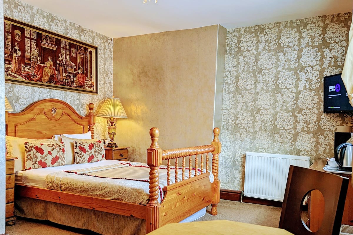 Un dormitorio con cama de madera, candelabro, un cuadro, televisor y radiador.