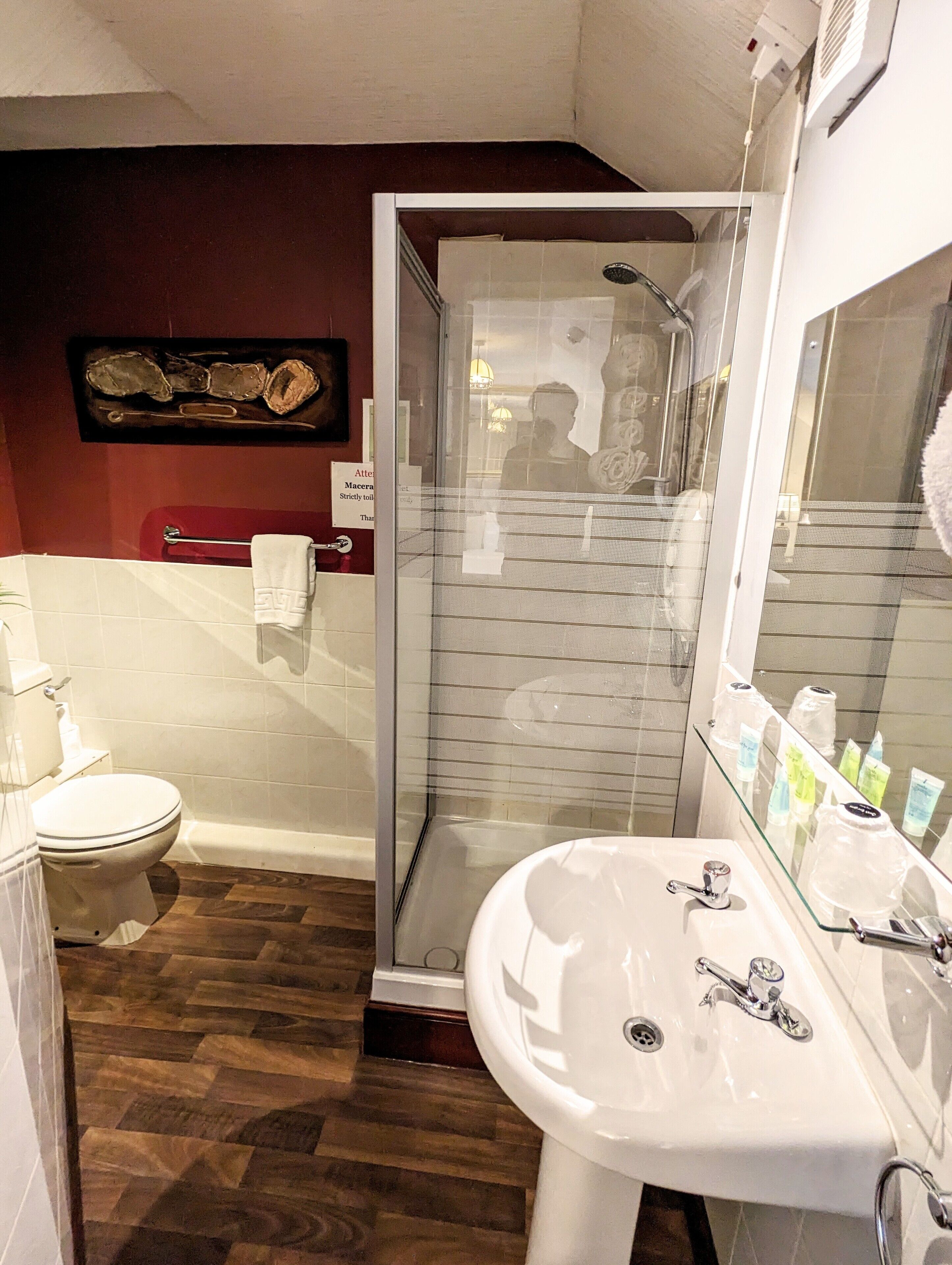 Une salle de bain comprenant des toilettes, une douche avec une porte en verre et un lavabo avec un miroir.