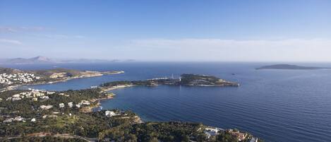 Vue aérienne d’une zone côtière avec une petite île, un ciel bleu dégagé et un mélange de paysages résidentiels et naturels.