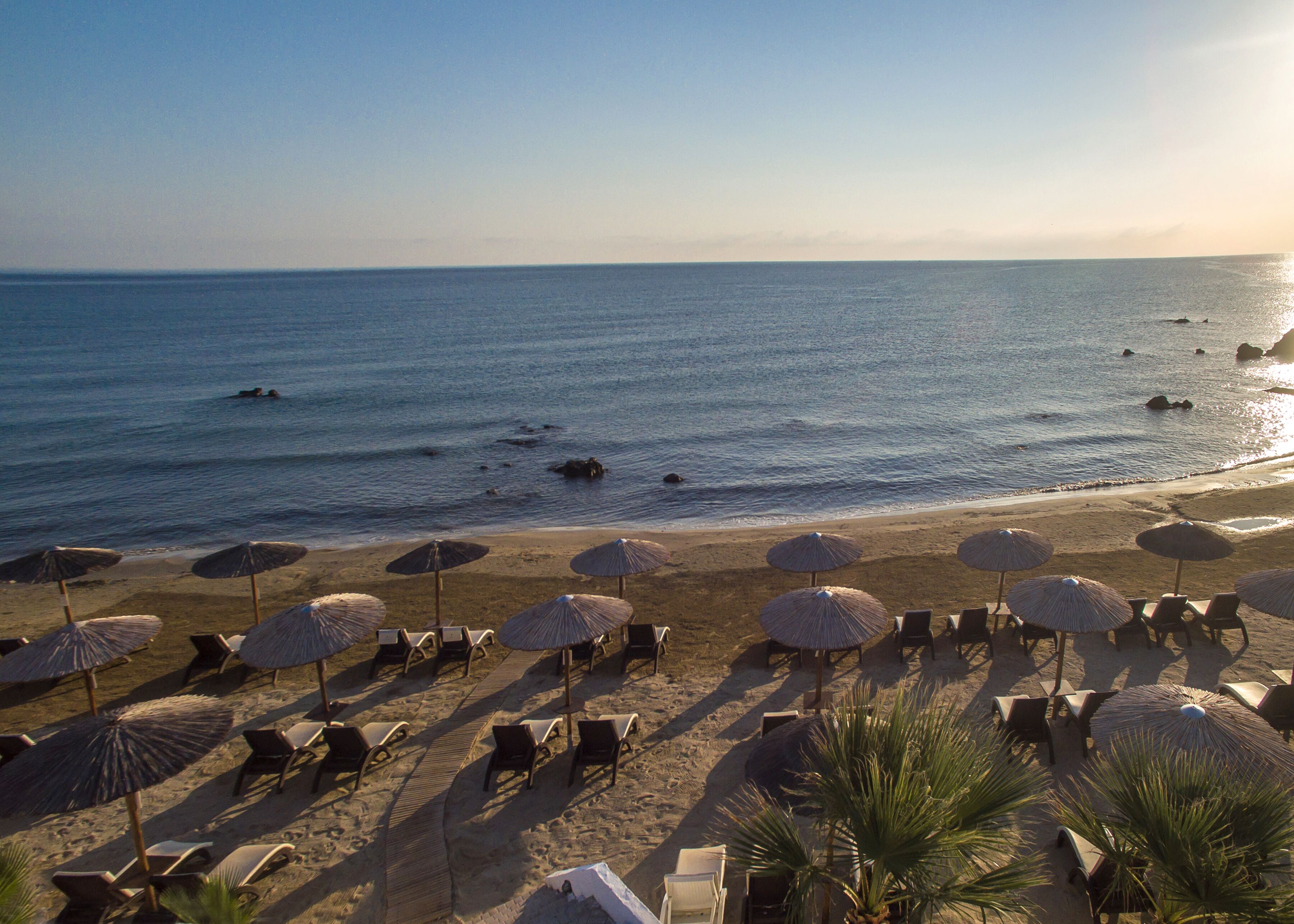 A beach with rows of sun loungers and umbrellas, a clear sky, and the ocean.
