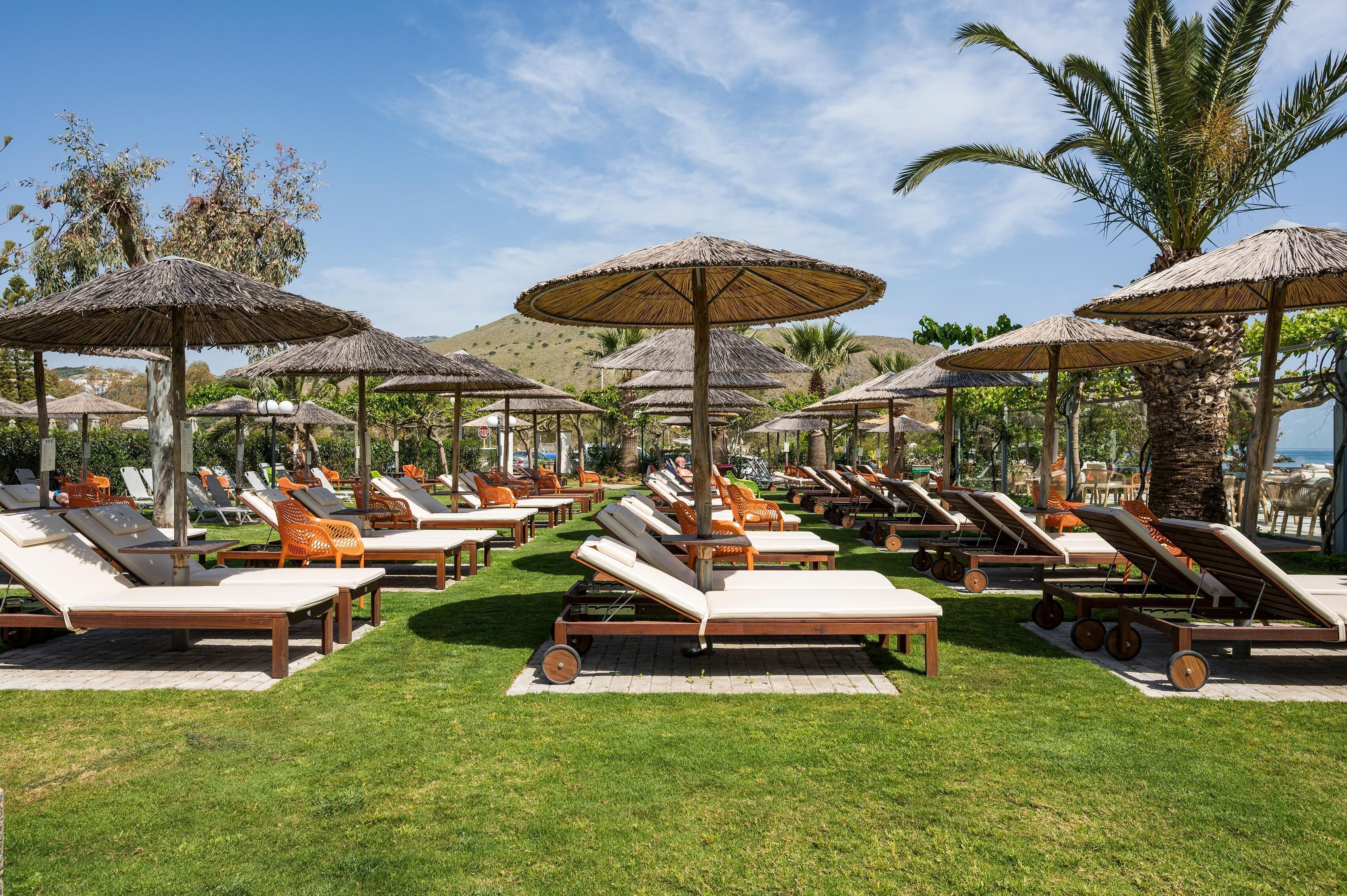 A resort with sun loungers under thatched umbrellas, arranged on a grassy lawn with palm trees and a view of the sea.
