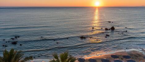 A beach with umbrellas and lounge chairs, a sunset over the ocean, and palm trees.
