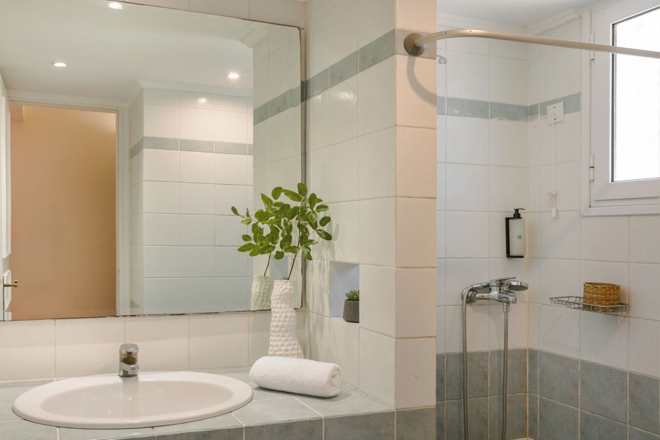 A bathroom with a sink, mirror, shower, and a potted plant.