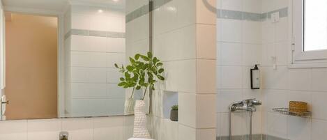 A bathroom with a sink, mirror, shower, and a potted plant.