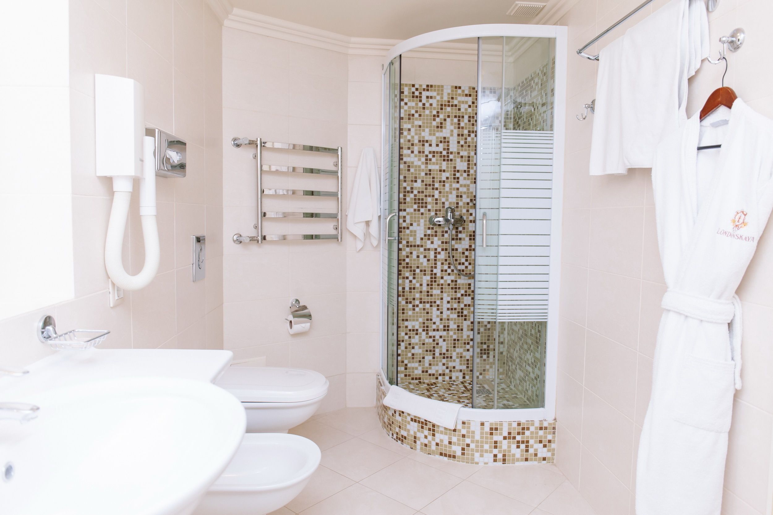 A modern bathroom with a glass-enclosed shower, a white sink, a toilet, and a towel rack.