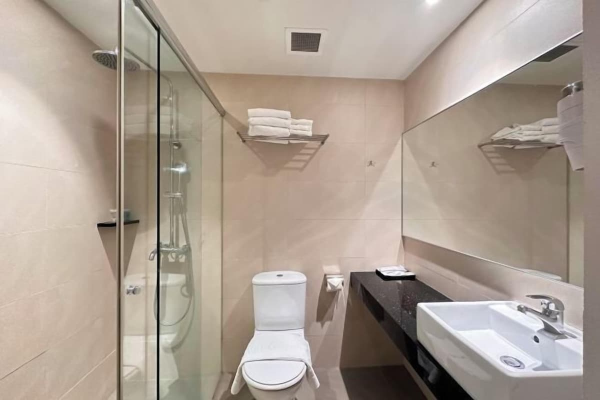 A modern bathroom with a glass shower enclosure, a toilet, a sink, and a mirror.