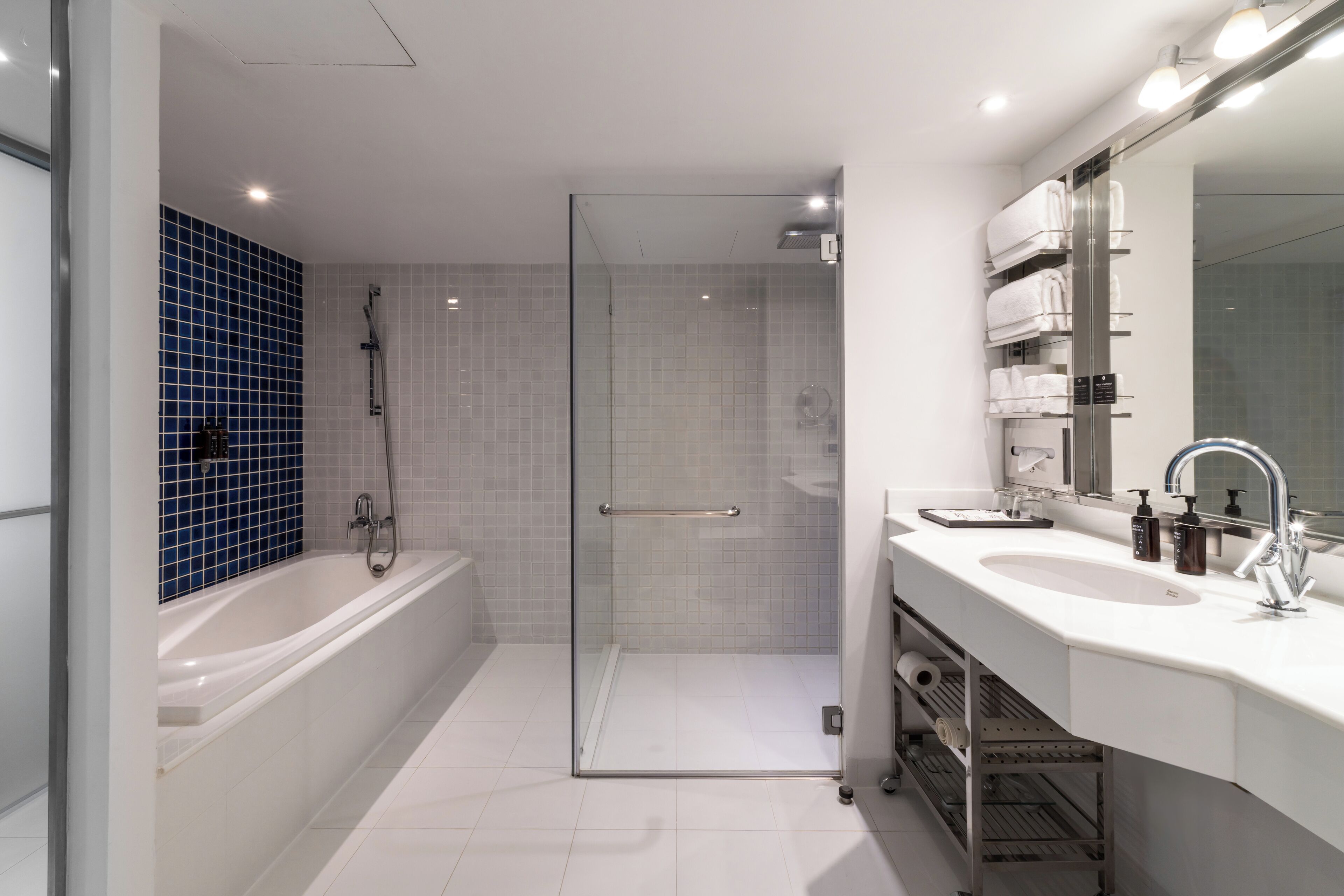 A modern bathroom with a glass-enclosed shower, a white bathtub, and a vanity with a sink and mirror.