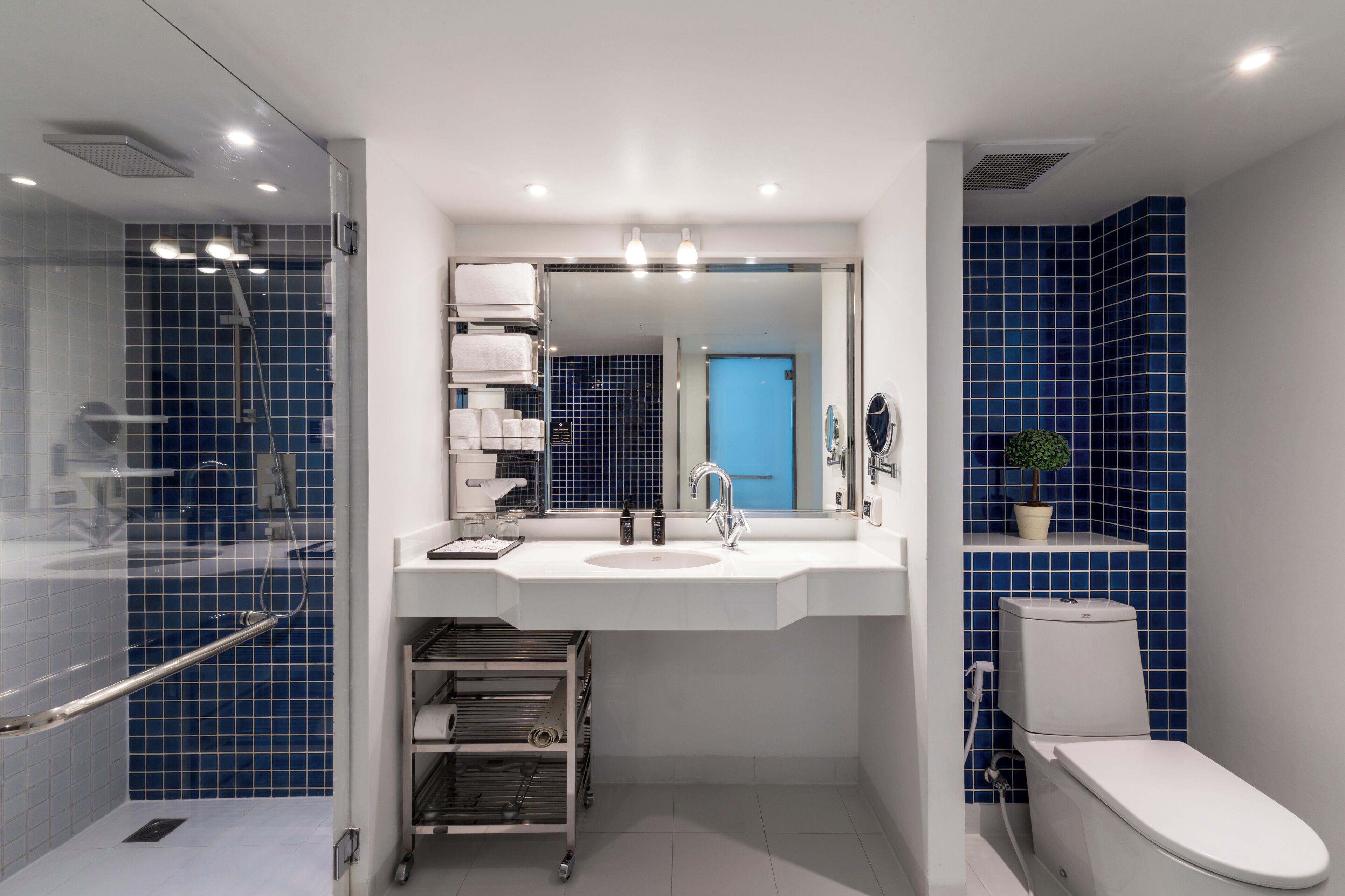 A modern bathroom with a glass shower enclosure, a white sink with a mirror above, and a toilet against a blue-tiled wall.