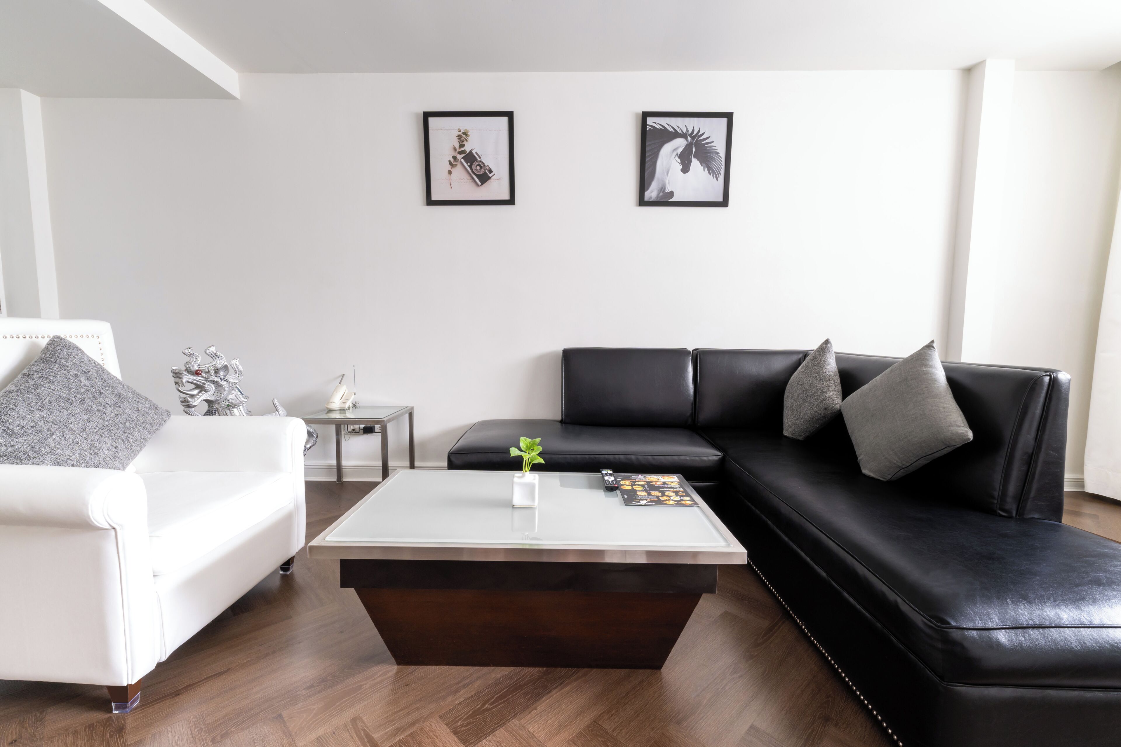 A modern living room with a white sofa, a black leather couch, and a glass coffee table. There are two framed pictures on the wall.