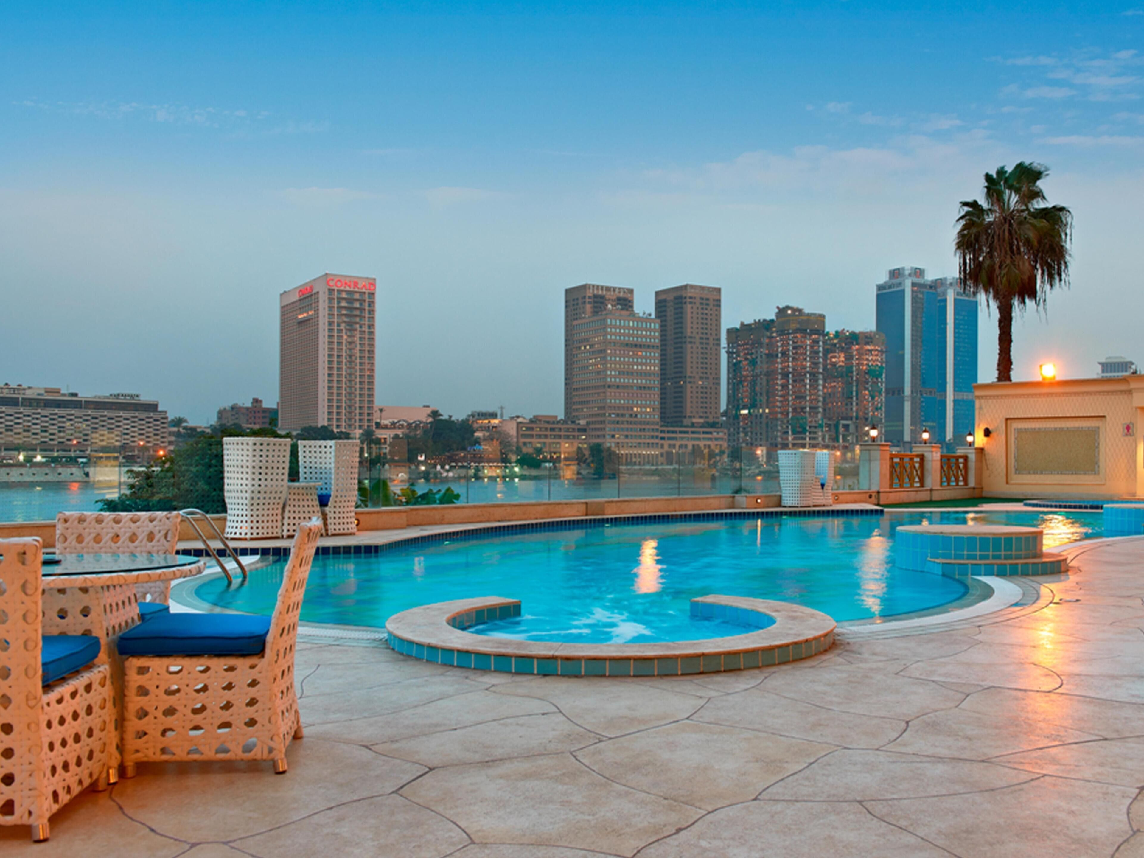 A rooftop pool with lounge chairs, a city skyline in the background, and a palm tree.